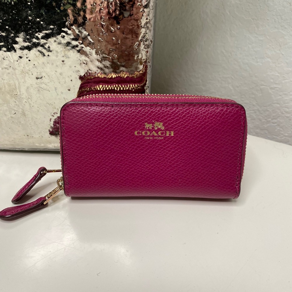 Coach Double Zip Card Coin Case Magenta Crossgrain Leather Classic Minimalist